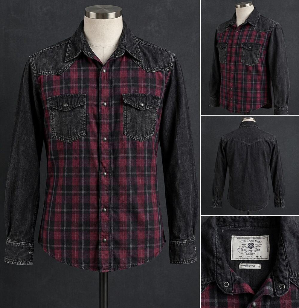 Zara Man Black Denim Plaid Western Shirt Slim Fit